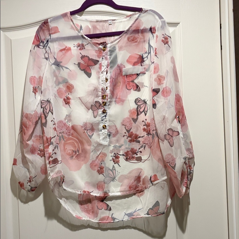 SHEIN Floral Sheer Blouse in Pink and White